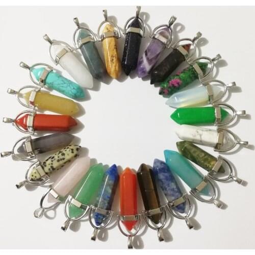 Wholesale Fashion Hot Sale Assorted Natural hexagonal pillar Stone Pendants Charms Point for jewelry making Teardrop 24Pcs Free