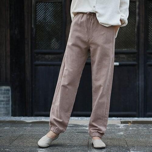 QPFJQD 2020 Spring New Cotton Linen Pockets Elastic Waist Straight Pants Winter Simple Style Vintage Women Full Length Pants
