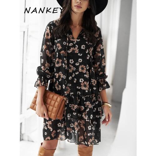 NANKEY Women Ruffle Black Floral Print Chiffon Dress 2021 Autumn Boho V Neck Midi Dress Female Elegant A Line Holiday Vestidos