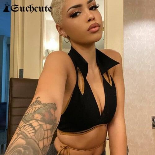 SUCHCUTE Gothic Patchwork Halter Crop Tops For Women Summer Sexy Backless V-Neck Tank Tops Punk Style Cut Out 90s Bandage Tops