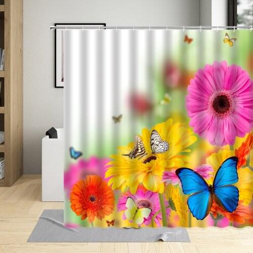 Butterfly Flowers Bathroom Curtains Colorful Floral Plant Polyester Fabric Shower Curtain Waterproof Bathtub Decor With 12 Hooks