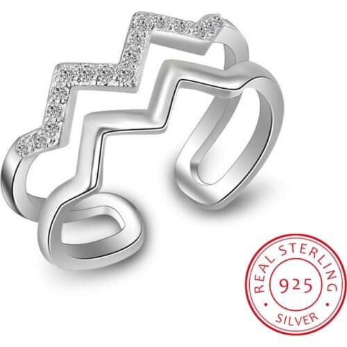 925 Sterling Silver Rings For Women Trendy Fashion Multi-layer CZ Zirconia Wave Resizable Rings Bague S-R197