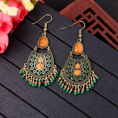 DOUVEI New Water Drop Retro Earrings India Jhumka Jhumki Green&Orange Beads Tassel Bronze Earrings Tibetan Jewelry HQE1011