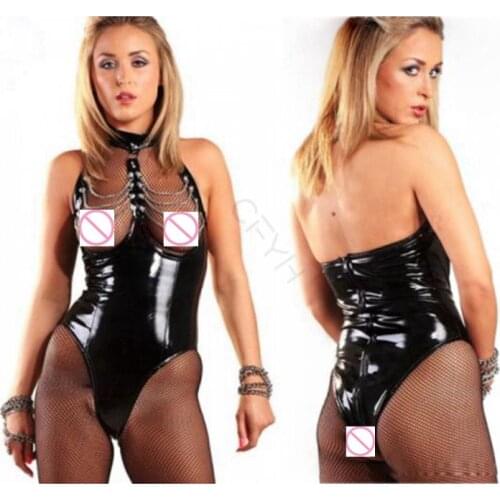 CFYH pvc Hot sale High Quality Bodysuit Sexy Black Chest Hollow Out Sleeveless Mesh Womens Split Sexy Cocktail Club jumpsuits