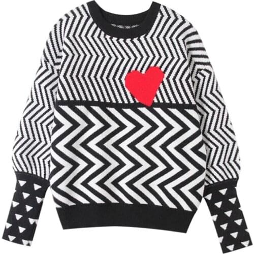 Autumn Winter New Long Sleeve Sweater Womens Sweater Irregular Stripes Hit Color Heart-shaped Pattern
