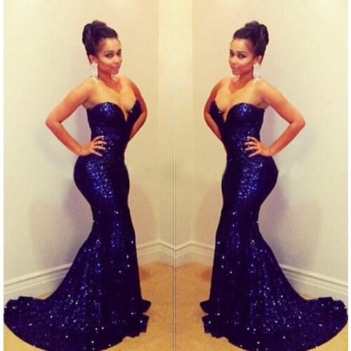 Free shipping hot sexy sweetheart vestido de renda longo robe de soiree 2016 new design blue sequined long mermaid evening dress