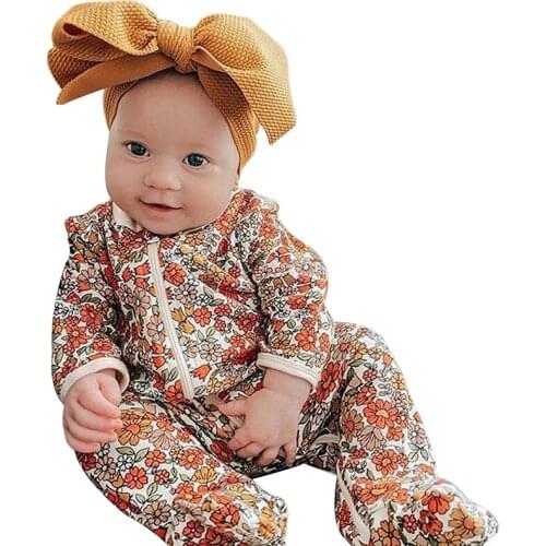 2020 0-12M Newborn Baby Boy Girl Wrap foot Romper Sleepwear Cartoon Flower Print Zipper Long Sleeve Jumpsuit One Piece Outfit