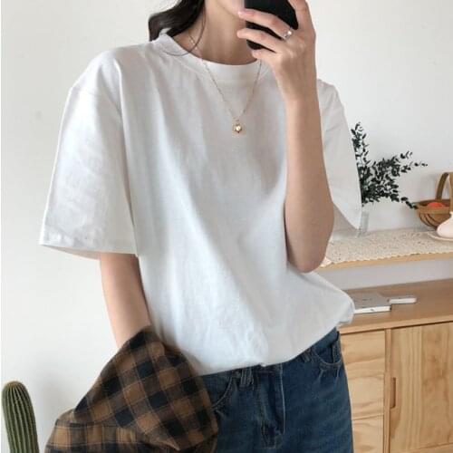 4 Colors Summer T Shirt 2021 Women Short Sleeve O-neck Solid Loose Cotton Basic Shirts Casual Top Drop Shipping