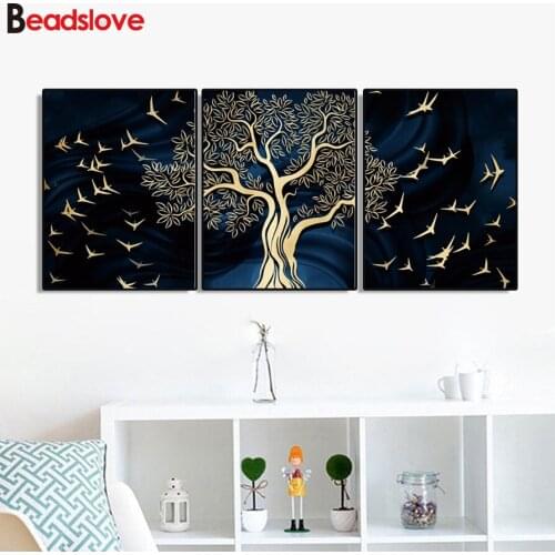 Diy Square round diamond embroidery 5D mosaic cross stitch Calligraphy Retro Tree Triptych home decorative diamond painting art