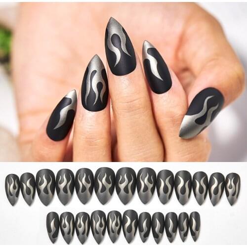 Black 24pcs/set Flame Fake Nails Design Blue Purple Fire Pattern Full Cover False Nails Artificial Nail Decal Art Tips