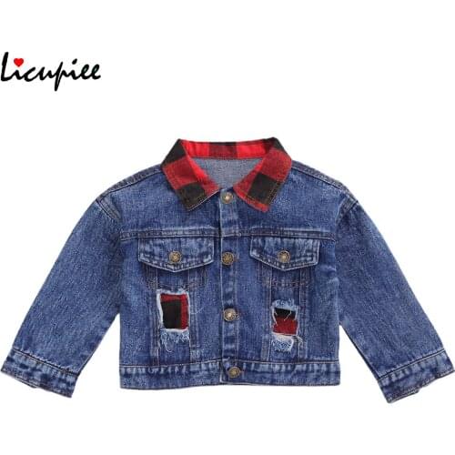 Children Autumn Coat Grid Turn Down Collar Long-sleeves Denim Jacket Ripped Design Infant Baby Little Boys, Girls 1-6 Years
