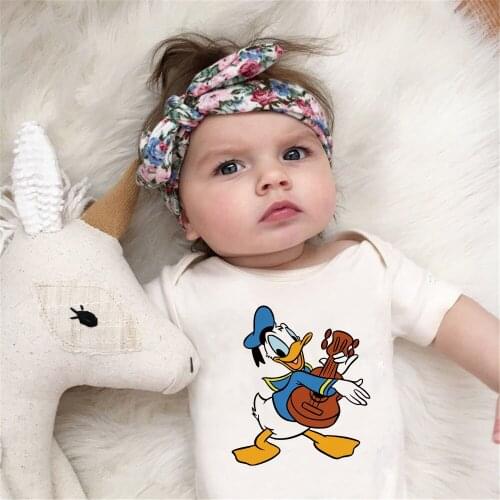 Disney Cartoon Donald Print Baby Rompers Summer Newborn Jumpsuit Infant Soft Bodysuit Harajuku White Baby Kids Outfits