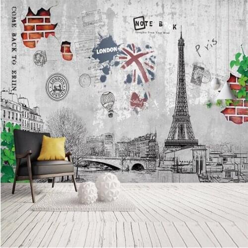 European Retro Hand-painted Paris Tower City Building Gray Cement Wall Background Wallpaper Restaurant Bar Mural Wall Paper 3D