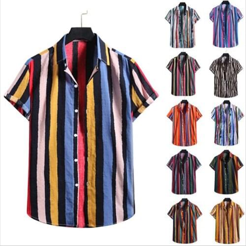 Men Summer Hawaiian Shirt Stripe Print Loose Baggy Casual Short Sleeve Beach Holiday Tee Tops Buttons Blouse Basic Mens Tops
