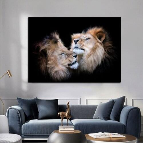 Poster Canvas Painting Modern Animal Black and White Kissing Lions Head Wall Art Pictures for Living Room Cuadros Home Decor