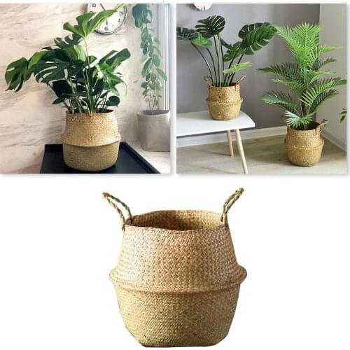 1pcs Laundry Basket Hamper Seagrass Wickerwork Basket Hanging Pot Flower R0Z8 Storage Handmade Folding Rattan Pot Dirty Flo C3Z9