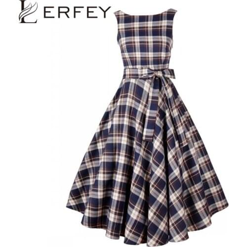 LERFEY Women Summer Rockabilly Dress Tunic Robe Casual 50s Vintage Plaid Tarta Swing Dresses Midi Dress Cocktail Party Dress