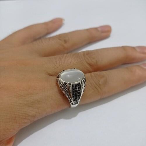 Vintage Silver Color Islamic Mens Ring Natural White Opals Stone with Black CZ Double Swords Muslim Rings for Men Boho Jewelry