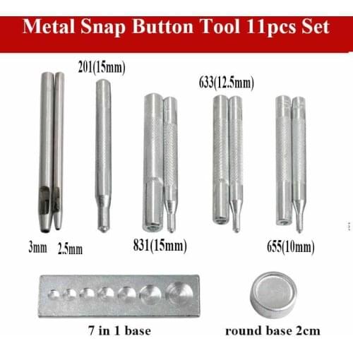 11pcs Installation Tool Kit Set for Metal Button Size 10mm 12.5mm 15mm 831 633 655 201 with Hand Punch 2.5mm 3mm Round Base 2cm