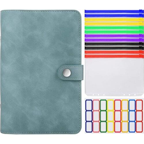 A5 PU Leather Binder Cover with Plastic Pockets 6 Ring Soft Refillable Notebook Binder 12 Colored Clear Zipper Budget Envelopes
