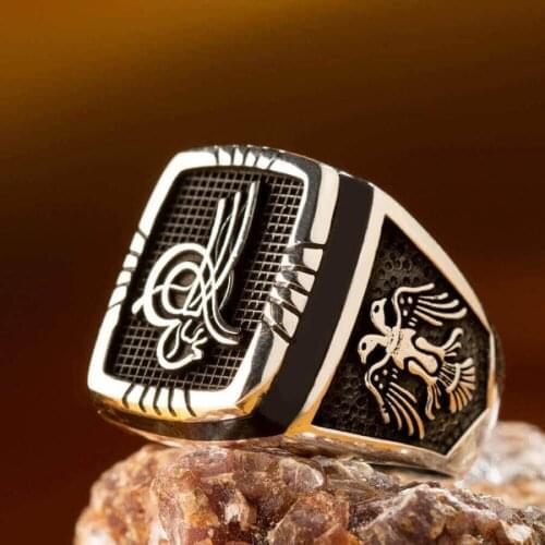 925 Sterling Silver Ottoman Mens Ring with Seljuk Eagle Double Headed Eagle Motif Ottoman Tughra Ring for Men