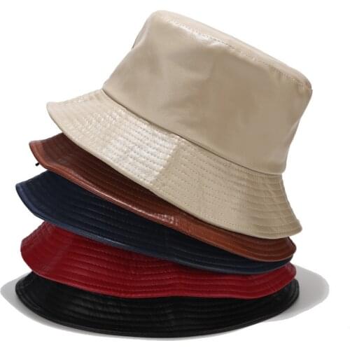 New Bucket Hat Faux Leather Bucket Hats PU Cotton Solid Top Men Women Fashion Bucket Cap Panama Fisherman Caps Outdoor Vacation