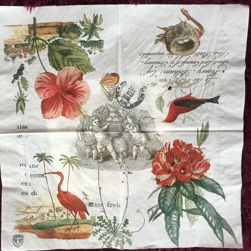 Table napkin paper tissue pattern vintage red flower bird handerchief decoupage craft wedding christmas birthday party cafe mat