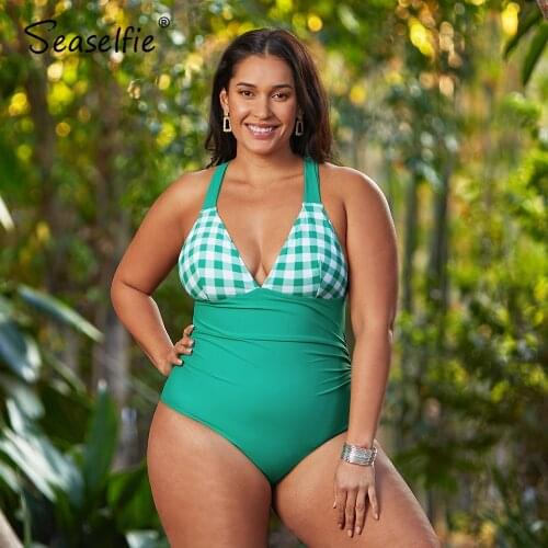 SEASELFIE Plus Size Green Gingham Criss Cross One Piece Swimsuit Women Large Size Monokini Bathing Suit 2021 New Beach Swimwear