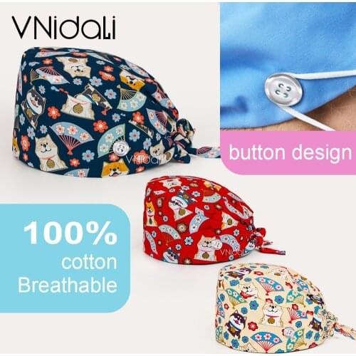 Cartoon printed scrub hat adjustable Working Cap with Button Cotton Scrub Hat Sweatband Elastic Bandage Tie Back Hats scrub cap