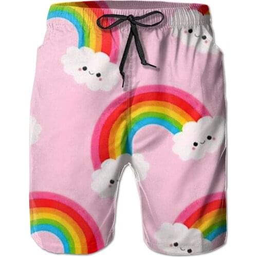 Mens Bandana Swim Shorts Cute Rainbow Background Summer Beach Shorts Leisure Quick Dry Swimming Pants Swim Shorts Men
