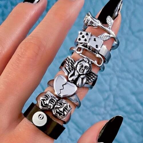 Ring for Women Girls Charm Skull Fashion Men Jewelry Vintage Ancient Silver Color Happy Smiling Punk Hip Hop Adjustable Boho