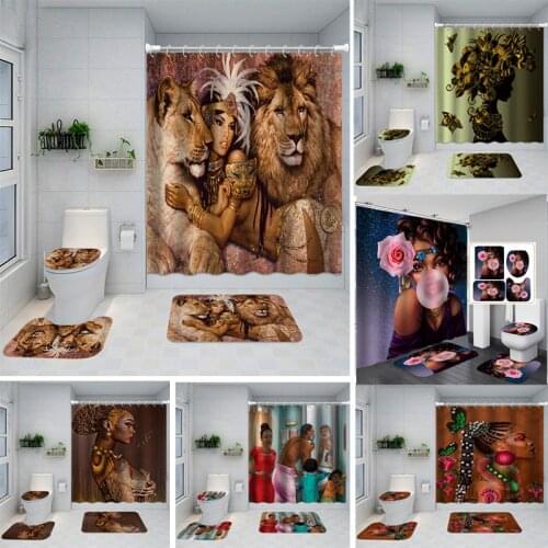 Bathroom Shower Curtain Set Africa Girls Waterproof Shower Curtain 3D Printed Polyester Non-Slip Rug Toilet Cover Bath Mat Rugs