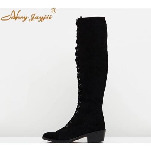 Women Shoes Adult Boots Ladies knee-High Square Heel Black Solid Round Toe Cross-tied Zipper Leisure Fashion Nancyjayjii 2019