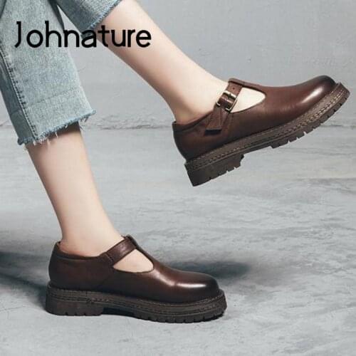 Johnature Autumn Pumps Women Shoes 2020 New Genuine Leather Retro Hook & Loop Round Toe Casual Handmade Platform Ladies Shoes