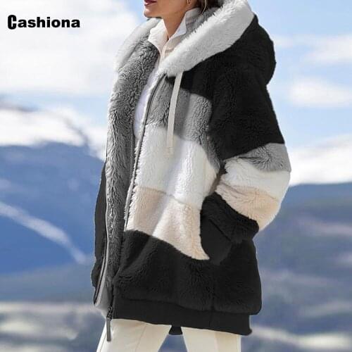 Plus Size 4XL 5XL Women Faxu Fur Coats Patchwork Plush Outerwear Zipper Hoodie Coats Winter Fleece Jackets Womens Clothing 2021
