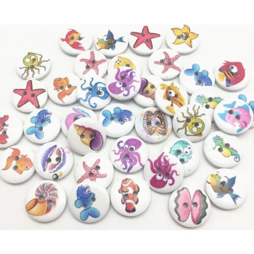 100pcs 15mm Ocean Series Patterns Wood Round Buttons 2-hole Sea World Sewing Accessories for Scrapbooking Decorations