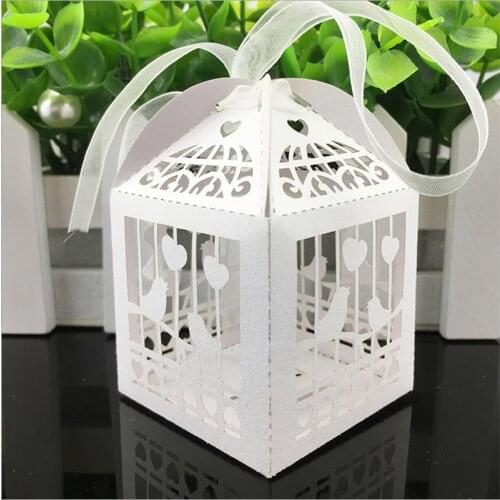 50pcs Birdcage Shape Laser Cut Hollow Carriage Favors Box Gifts Candy Boxes With Ribbon Baby Shower Wedding Event Party Supplies