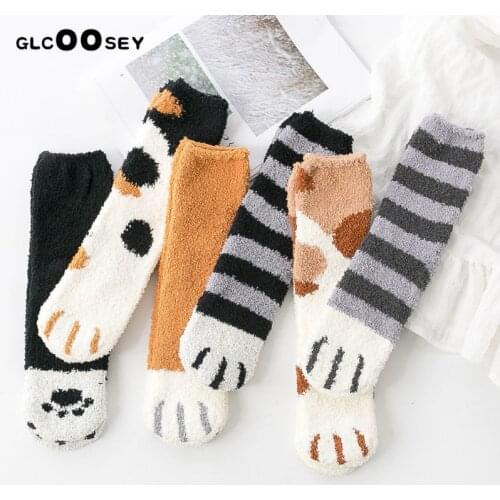 6 Pairs/Pack Winter Warm Cat Paw Socks For Women Girls Sleeping Socks Home Floor Socks Thick Socks