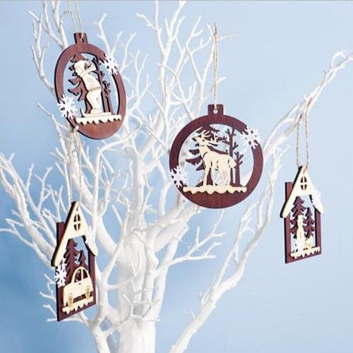 1PCS Wooden Pendent Christmas Decoration Elk Snowman Wood Card Christmas Tree Ornaments Window Decors Xmas Gift