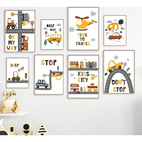 Kids City Helicopter School Bus Car Wall Art Canvas Painting Nordic Posters And Prints Nursery Wall Pictures For Kids Room Decor