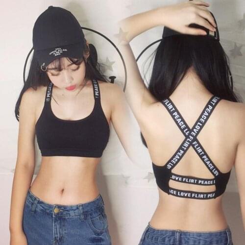 Women Sexy Capital Letter Print Crossing Back Strappy Sports Bra Push Up Padded Yoga Brassiere Crop Top Fitness Sports Tank Vest