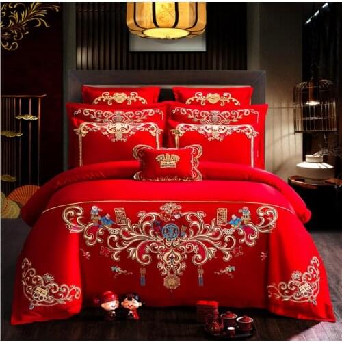 Chinese Style Embroidery Duvet/Quilt Cover Bed Sheet Linen Cotton Red Princess Wedding Bedding Set Solid Color Bed Cover