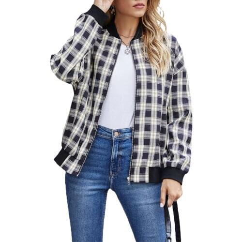 High Quality Fashion Women Plaid Print Bomber Jacket Casual Long Sleeve Zip Up Loose Coat with Pockets