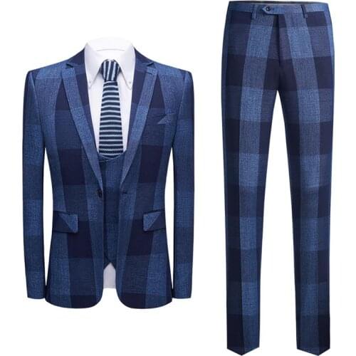 Mens 3 pcs Suit Slim Fit Windowpane Notched Lapel Tuxedos For Wedding Prom Groomsmen Bussiness Party Plaid Jacket+ Vest+pans