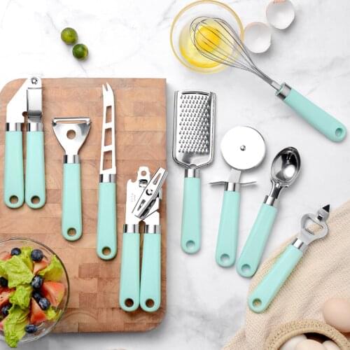 9Pcs Kitchen Gadget Set Plastic Handle Hanging Hole Insulation Anti-scalding Whisk Can Opener Garlic Press Peeler Cheese Grater