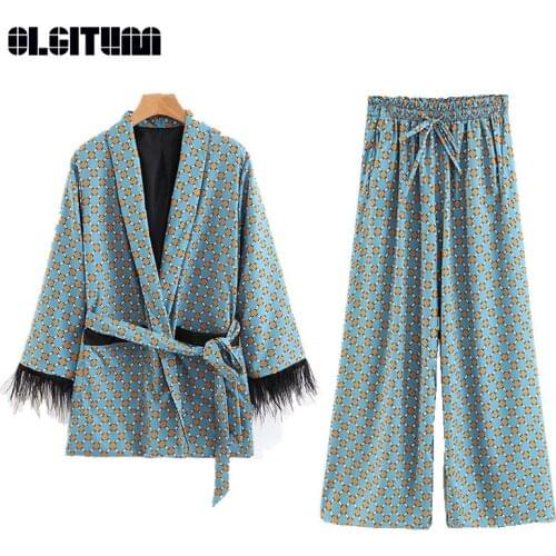2020 New Arrival Women Printed Long Sleeve Outwear Jacket Coat with Feather and Drawstring High Waist Loose Long Pant Women Set
