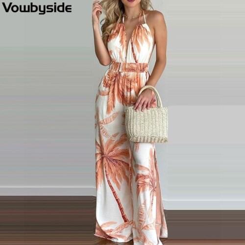 Womens Fashion Sexy Printed Spaghetti Strap Backless Wide Leg Pants Split Fork Jumpsuit Romper Playsuit