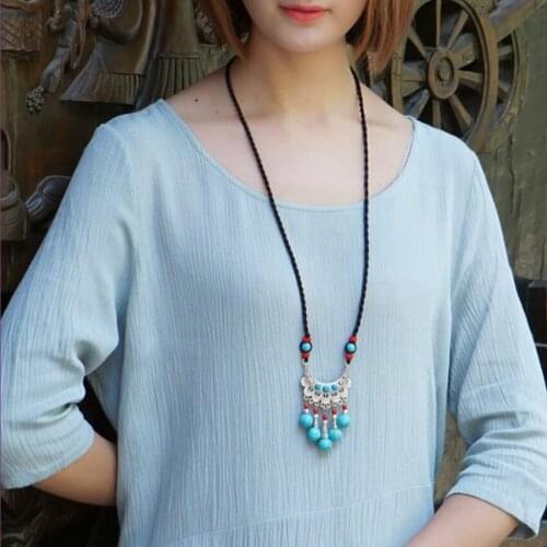 Silver Plated Crescent Moon with Green Turquoises Stone Beads Pendant Handmade Weave Rope Chain Necklace for Women Jewelry