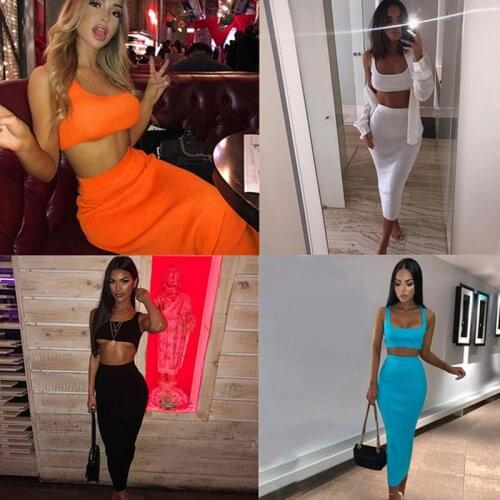 Sexy Women Set Nightclub Style Mid-calf Long Skirts Tank Top Set Fashion Womens Short Camis High Waist Long Skirt Suit