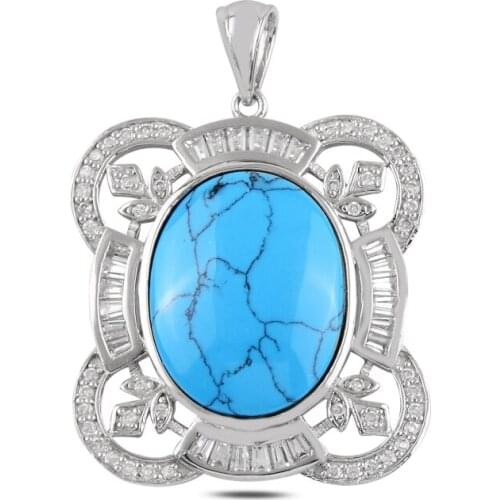 Silver 925 Sterling Turquoise & Baguette cut Zircon Cubic Zirconia Pendant